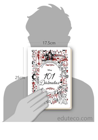 Comparación del tamaño de el libro 101 Dálmatas respecto a una persona. Este mide 17.5 centímetros de ancho por 25 centímetros de alto