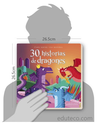 Comparación del tamaño de el libro 30 historias de dragones respecto a una persona. Este mide 26.5 centímetros de ancho por 26.5 centímetros de alto