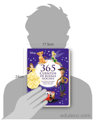 Comparación del tamaño de el libro 365 cuentos de buenas noches respecto a una persona. Este mide 17.5 centímetros de ancho por 24 centímetros de alto