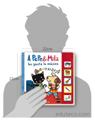 Comparación del tamaño de el libro A Pepe y Mila les gusta la música respecto a una persona. Este mide 22 centímetros de ancho por 22 centímetros de alto