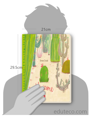 Comparación del tamaño de el libro Abrázame respecto a una persona. Este mide 21 centímetros de ancho por 29.5 centímetros de alto
