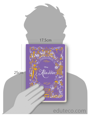 Comparación del tamaño de el libro Aladdín. Tesoros de la animación (Disney. Tesoros de la animación) respecto a una persona. Este mide 17.5 centímetros de ancho por 25 centímetros de alto