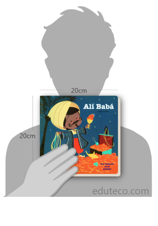 Comparación del tamaño de el libro Alí Babá : Con texturas en el interior respecto a una persona. Este mide 20 centímetros de ancho por 20 centímetros de alto