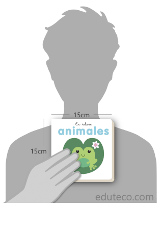 Comparación del tamaño de el libro Animales : En relieve respecto a una persona. Este mide 15 centímetros de ancho por 15 centímetros de alto