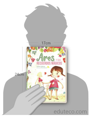 Comparación del tamaño de el libro Ares y sus recuerdos mágicos respecto a una persona. Este mide 17 centímetros de ancho por 24 centímetros de alto