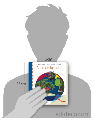 Comparación del tamaño de el libro Atlas de las islas respecto a una persona. Este mide 16 centímetros de ancho por 18 centímetros de alto