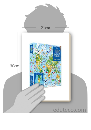 Comparación del tamaño de el libro Atlas mundial respecto a una persona. Este mide 21 centímetros de ancho por 30 centímetros de alto