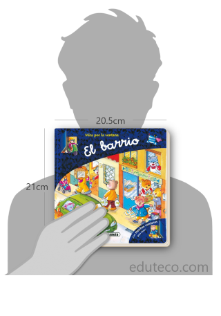 Comparación del tamaño de el libro El Barrio : Mira Por La Ventana respecto a una persona. Este mide 20.5 centímetros de ancho por 21 centímetros de alto