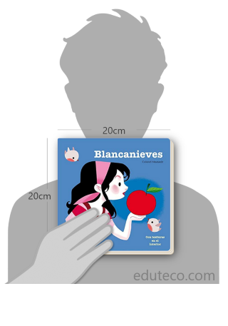 Comparación del tamaño de el libro Blancanieves : Con texturas en el interior respecto a una persona. Este mide 20 centímetros de ancho por 20 centímetros de alto