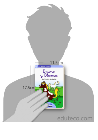 Comparación del tamaño de el libro Bruno y Blanca respecto a una persona. Este mide 11.5 centímetros de ancho por 17.5 centímetros de alto