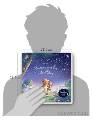 Comparación del tamaño de el libro Buenas noches, estrellitas respecto a una persona. Este mide 21.5 centímetros de ancho por 21.5 centímetros de alto