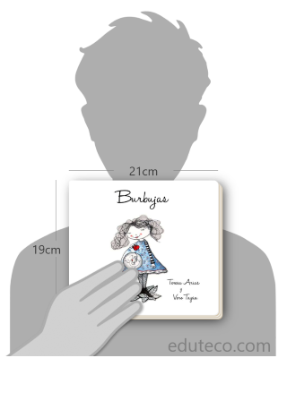 Comparación del tamaño de el libro Burbujas respecto a una persona. Este mide 21 centímetros de ancho por 19 centímetros de alto