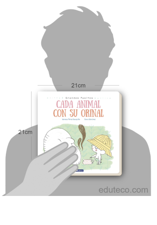 Comparación del tamaño de el libro Cada animal con su orinal respecto a una persona. Este mide 21 centímetros de ancho por 21 centímetros de alto