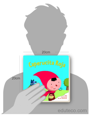 Comparación del tamaño de el libro Caperucita Roja respecto a una persona. Este mide 20 centímetros de ancho por 20 centímetros de alto