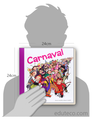 Comparación del tamaño de el libro Carnaval respecto a una persona. Este mide 24 centímetros de ancho por 24 centímetros de alto