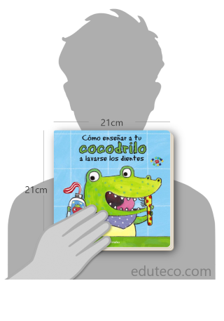 Comparación del tamaño de el libro Cómo enseñar a tu cocodrilo a lavarse los dientes  respecto a una persona. Este mide 21 centímetros de ancho por 21 centímetros de alto