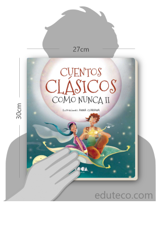 Comparación del tamaño de el libro Cuentos Clásicos como nunca II respecto a una persona. Este mide 27 centímetros de ancho por 30 centímetros de alto