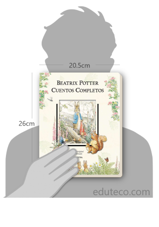 Comparación del tamaño de el libro Beatrix Potter : Cuentos completos respecto a una persona. Este mide 20.5 centímetros de ancho por 26 centímetros de alto
