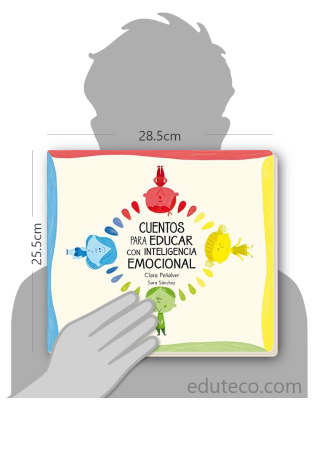 Comparación del tamaño de el libro Cuentos para educar con inteligencia emocional : Los niños de colores respecto a una persona. Este mide 28.5 centímetros de ancho por 25.5 centímetros de alto