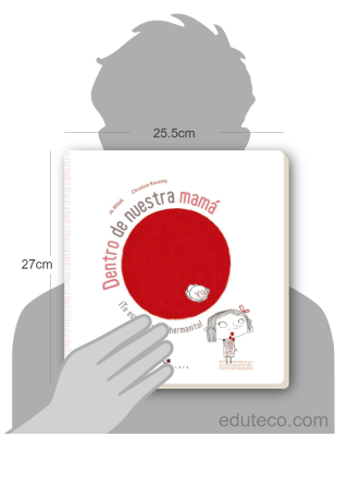 Comparación del tamaño de el libro Dentro de nuestra mamá respecto a una persona. Este mide 25.5 centímetros de ancho por 27 centímetros de alto