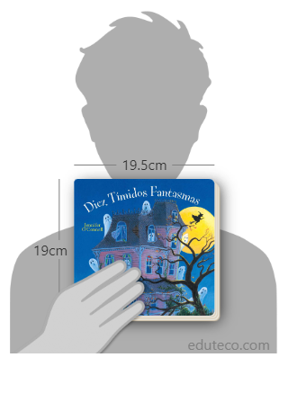 Comparación del tamaño de el libro Diez tímidos fantasmas respecto a una persona. Este mide 19.5 centímetros de ancho por 19 centímetros de alto