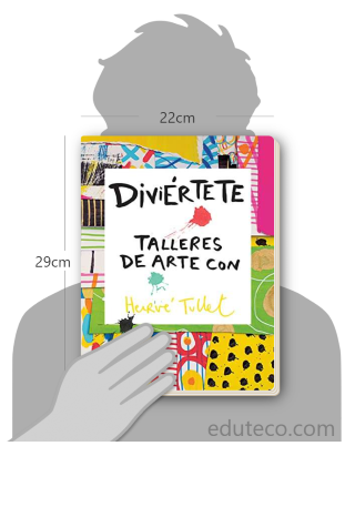 Comparación del tamaño de el libro Diviértete talleres de arte con Herve Tullet respecto a una persona. Este mide 22 centímetros de ancho por 29 centímetros de alto