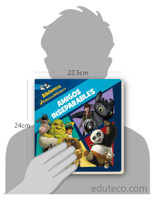 Comparación del tamaño de el libro Amigos inseparables : Dreamworks respecto a una persona. Este mide 22.5 centímetros de ancho por 24 centímetros de alto