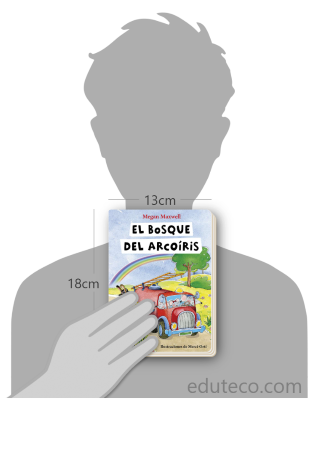 Comparación del tamaño de el libro El bosque del Arcoíris respecto a una persona. Este mide 13 centímetros de ancho por 18 centímetros de alto