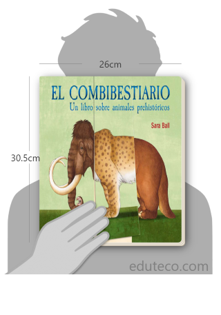 Comparación del tamaño de el libro El combibestiario respecto a una persona. Este mide 26 centímetros de ancho por 30.5 centímetros de alto