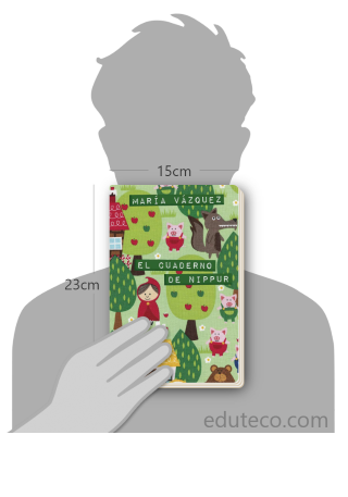 Comparación del tamaño de el libro El cuaderno de Nippur  respecto a una persona. Este mide 15 centímetros de ancho por 23 centímetros de alto
