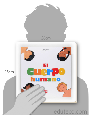 Comparación del tamaño de el libro El cuerpo humano respecto a una persona. Este mide 26 centímetros de ancho por 26 centímetros de alto
