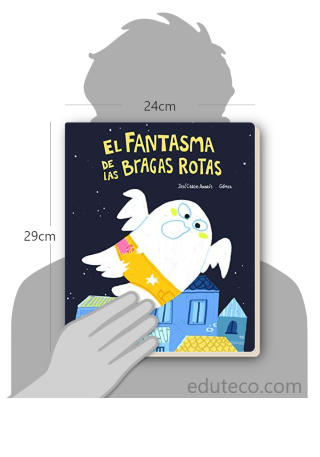 Comparación del tamaño de el libro El fantasma de las bragas rotas respecto a una persona. Este mide 24 centímetros de ancho por 29 centímetros de alto