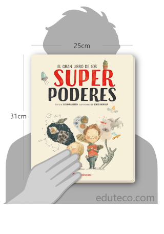 Comparación del tamaño de el libro El gran libro de los superpoderes respecto a una persona. Este mide 25 centímetros de ancho por 31 centímetros de alto