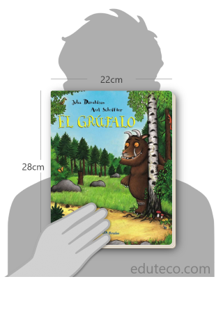 Comparación del tamaño de el libro El Grúfalo respecto a una persona. Este mide 22 centímetros de ancho por 28 centímetros de alto