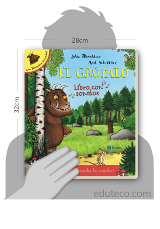 Comparación del tamaño de el libro El grúfalo : Libro con sonidos respecto a una persona. Este mide 28 centímetros de ancho por 32 centímetros de alto