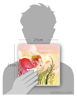 Comparación del tamaño de el libro El hada de la leche respecto a una persona. Este mide 21 centímetros de ancho por 21 centímetros de alto
