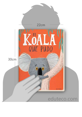 Comparación del tamaño de el libro El koala que pudo respecto a una persona. Este mide 22 centímetros de ancho por 30 centímetros de alto