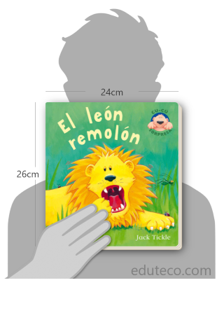 Comparación del tamaño de el libro El león remolón respecto a una persona. Este mide 24 centímetros de ancho por 26 centímetros de alto