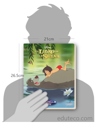 Comparación del tamaño de el libro El libro de la selva respecto a una persona. Este mide 21 centímetros de ancho por 26.5 centímetros de alto