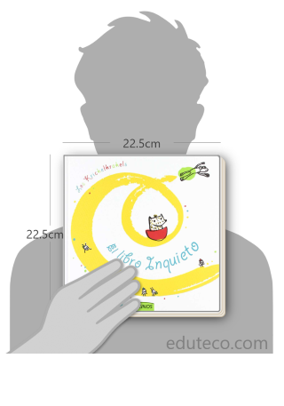 Comparación del tamaño de el libro El libro inquieto respecto a una persona. Este mide 22.5 centímetros de ancho por 22.5 centímetros de alto