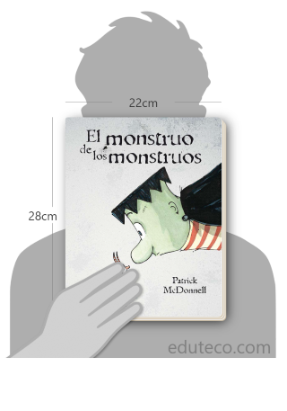 Comparación del tamaño de el libro El monstruo de los monstruos  respecto a una persona. Este mide 22 centímetros de ancho por 28 centímetros de alto