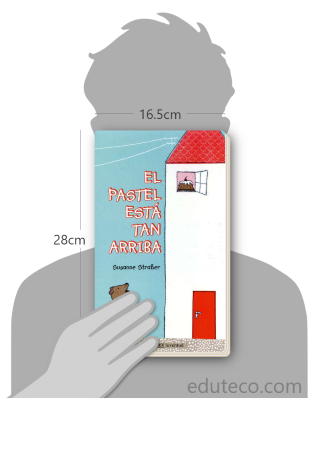 Comparación del tamaño de el libro El pastel está tan arriba respecto a una persona. Este mide 16.5 centímetros de ancho por 28 centímetros de alto