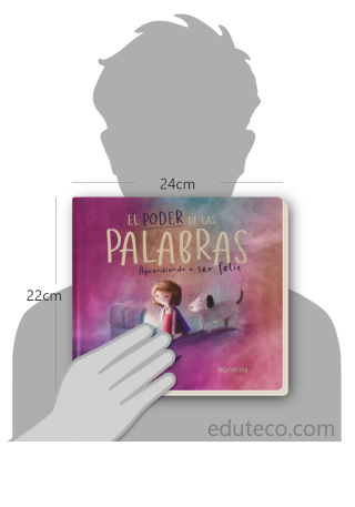 Comparación del tamaño de el libro El poder de las palabras respecto a una persona. Este mide 24 centímetros de ancho por 22 centímetros de alto