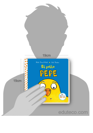 Comparación del tamaño de el libro El pollo Pepe respecto a una persona. Este mide 19.5 centímetros de ancho por 19.5 centímetros de alto