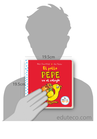 Comparación del tamaño de el libro El pollo Pepe va al colegio respecto a una persona. Este mide 19.5 centímetros de ancho por 19.5 centímetros de alto