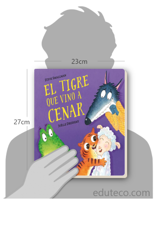 Comparación del tamaño de el libro El tigre que vino a cenar respecto a una persona. Este mide 23 centímetros de ancho por 27 centímetros de alto