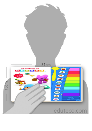Comparación del tamaño de el libro El xilófono de Pocoyó respecto a una persona. Este mide 31 centímetros de ancho por 15 centímetros de alto