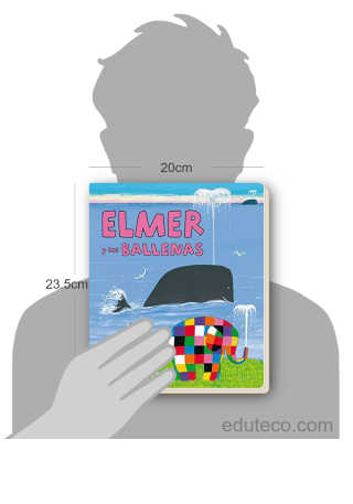Comparación del tamaño de el libro Elmer y las ballenas respecto a una persona. Este mide 20 centímetros de ancho por 23.5 centímetros de alto