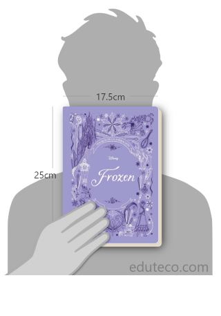 Comparación del tamaño de el libro Frozen respecto a una persona. Este mide 17.5 centímetros de ancho por 25 centímetros de alto