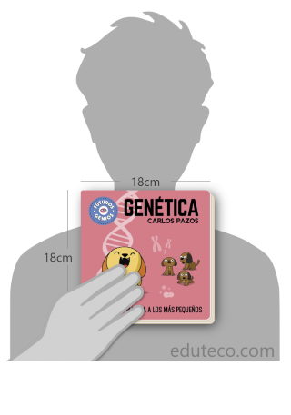 Comparación del tamaño de el libro Genética respecto a una persona. Este mide 18 centímetros de ancho por 18 centímetros de alto